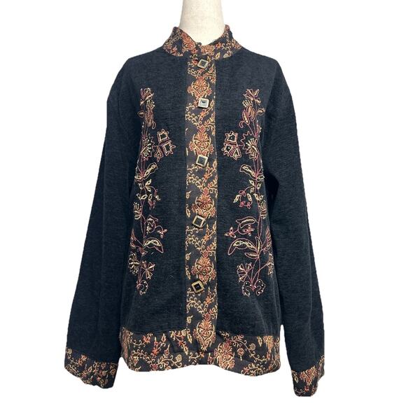 White Stag Floral Acrylic Knit Embroidered Mock Neck Cardigan Size L 12/14 Boho - Picture 1 of 13
